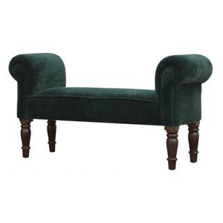 Front view of Ivy Bedroom Bench Emerald Green Velvet Scroll Arms Turned Dark Walnut Legs