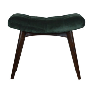 Front view of Juniper Upholstered Bench Emerald Green Velvet Button Tufted Curved Saddle Compact Nordic Legs