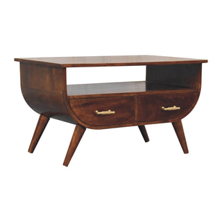 Side angle view of Juno Coffee Table with Drawers Barrel Tapered Body Gold Bar Handles Chestnut