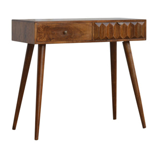 Side angle view of Kael Console Table with Drawers Raised Pyramid Carved Chestnut Wood