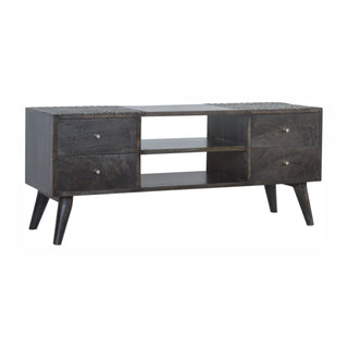 Side angle view of Kael Media Unit Ash Black Finish Four Drawers Brass Knobs Nordic Legs