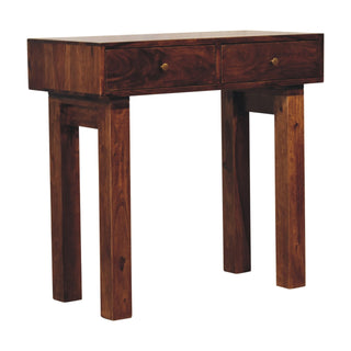 Side angle view of Kaia Slim Console Table with Drawers Straight Block Legs Chestnut Sheesham Wood