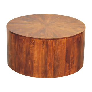 Side angle view of Keg Round Coffee Table Solid Wood Full Drum Body Sunburst Grain Chestnut