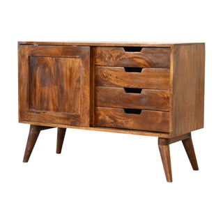 Side angle view of Kenwick Small Sideboard with Sliding Door and Drawers in Chestnut Finish