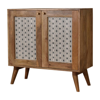 Side angle view of Kenzo Display Cabinet Screen-Printed Sashiko Geometric Natural Oak Twin-Door