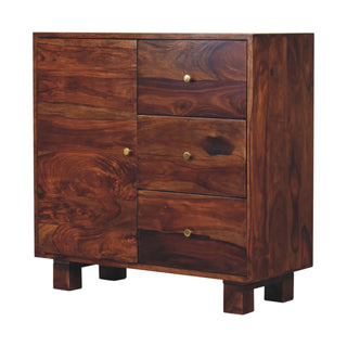 Side angle view of Kessler Compact Sideboard Cabinet with Drawers and Cupboard in Sheesham Chestnut Finish