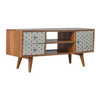 Side angle view of Kibo TV Media Unit Oak Mango Wood Star-Pattern Cabinet Door and Drawers with Nordic Legs