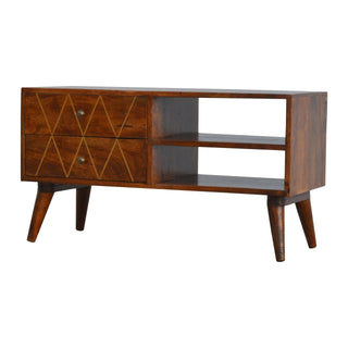 Side angle view of Kite Media Unit Chestnut Mango Wood Diamond Gold Brass Inlay Drawers with Scandinavian Legs