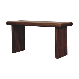 Side angle view of Koda Shoe Bench Solid Mango Wood Flat Slab Legs Chestnut Finish Japandi