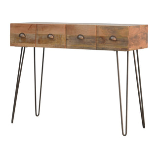 Side angle view of Kodak Slim Console Table with Drawers Mango Wood Hairpin Iron Legs