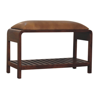 Side angle view of Kova Shoe Storage Bench Tan Buffalo Leather Seat Slatted Shelf Mango Wood