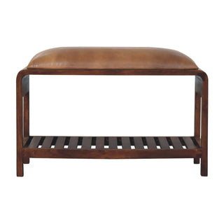 Front view of Kova Shoe Storage Bench Tan Buffalo Leather Seat Slatted Shelf Mango Wood