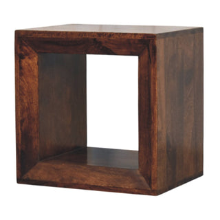 Side angle view of Kova Side Table Open Cube Solid Mango Wood California Walnut