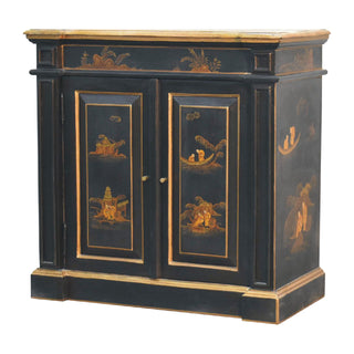 Side angle view of Kyoto Drinks Cabinet Hand-Painted Chinoiserie Black Gold Twin-Door Plinth