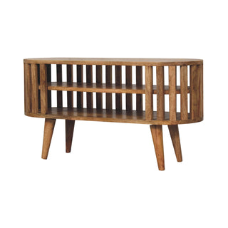 Side angle view of Kyoto Media Unit Natural Oak Mango Wood Open Vertical Slat Oval Body with Nordic Tapered Legs