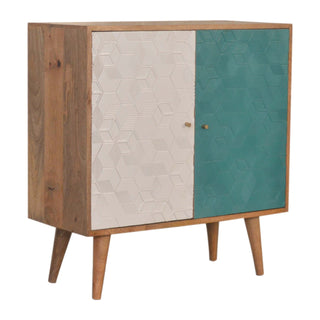 Side angle view of Lagoon Display Cabinet Teal White Split Two-Tone Geometric Cube Doors Oak Frame
