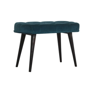Angled view of Lagoon Upholstered Bench Teal Velvet Deep Button Tufted Rectangular Nordic Legs