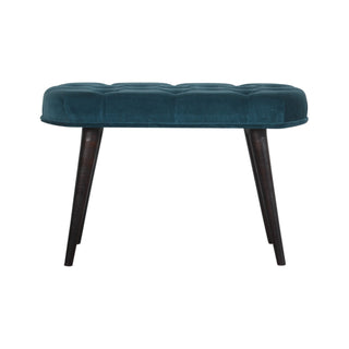 Front view of Lagoon Upholstered Bench Teal Velvet Deep Button Tufted Rectangular Nordic Legs