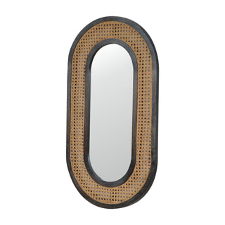 Side angle view of Larissa Rattan Mirror Woven Cane Frame Carbon Black Oval Capsule Natural Rattan