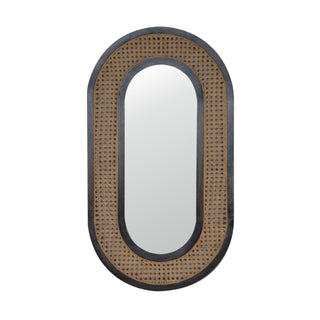 Front view of Larissa Rattan Mirror Woven Cane Frame Carbon Black Oval Capsule Natural Rattan