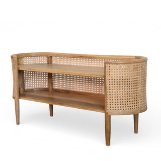Side angle view of Larissa Rattan Sideboard Curved Cane Body Open Shelves Rounded Ends Natural Rattan