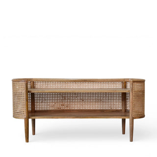 Front view of Larissa Rattan Sideboard Curved Cane Body Open Shelves Rounded Ends Natural Rattan