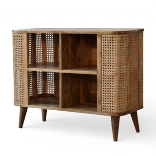 Side angle view of Larissa Rattan Sideboard Open Double Cabinet 4 Compartment Grid Cane Columns Natural Rattan