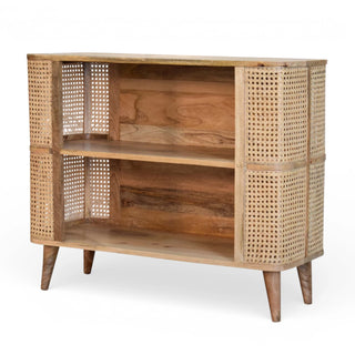 Side angle view of Larissa Rattan Sideboard Open Shelves Curved Cane Side Columns Natural Rattan
