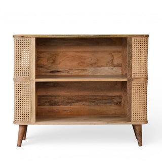 Front view of Larissa Rattan Sideboard Open Shelves Curved Cane Side Columns Natural Rattan