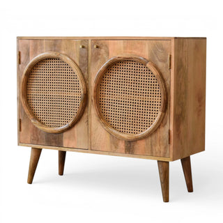 Side angle view of Larissa Rattan Sideboard Twin Circular Porthole Doors Double Cabinet Natural Rattan