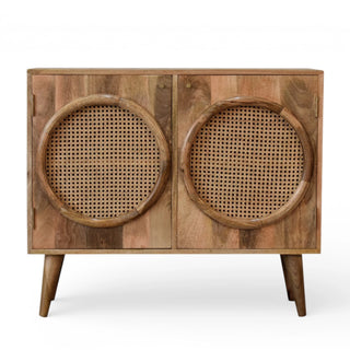 Front view of Larissa Rattan Sideboard Twin Circular Porthole Doors Double Cabinet Natural Rattan