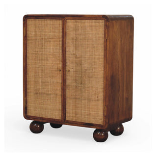 Side angle view of Larissa Rattan Wardrobe Cane Double Doors Chestnut Bun Feet Natural Rattan