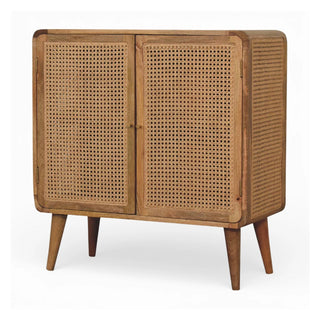 Side angle view of Larrisa Rattan Sideboard Cane Door Fronts Nordic Legs Natural Rattan
