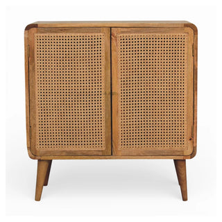 Front view of Larrisa Rattan Sideboard Cane Door Fronts Nordic Legs Natural Rattan