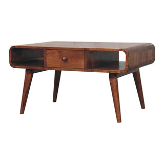 Side angle view of Lasso Coffee Table with Drawer Open Loop Ends Mango Wood Honey Caramel