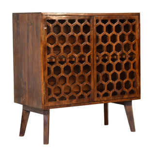 Side angle view of Lattice Display Cabinet Open Fretwork Honeycomb Carved-Through Dark Chestnut