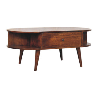 Leni Oval Coffee Table with Drawer Open Cubby Slots Chestnut Nordic Legs – rear view showing chestnut solid wood construction