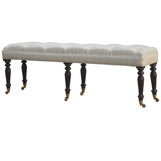 Front view of Lily Hallway Bench White Cotton Button Tufted Extra-Long Multi Turned Legs Brass Castors