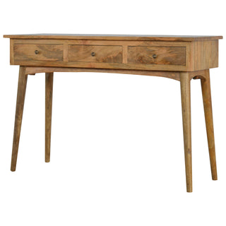 Side angle view of Linden Hallway Console Table with Drawers Natural Oak Pewter Knobs Mango