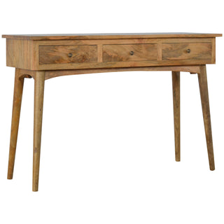 Front view of Linden Hallway Console Table with Drawers Natural Oak Pewter Knobs Mango