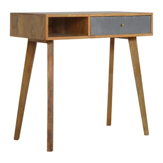 Side angle view of Linden Writing Desk Mango Wood Grey Fluted Painted Drawer with Candle Knob