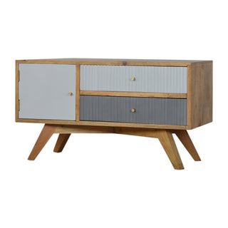Side angle view of Linen Media Unit Oak and Dual-Tone Grey Painted Ribbed Drawer Fronts Candle Knobs with Nordic Legs