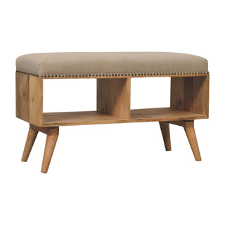 Linoe Hallway Bench – Cream Linen Stud Trim – rear view showing open cubby shelf and nordic splayed legs