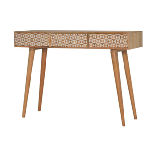 Side angle view of Liora Console Table with Drawers White Resin Inlay Tapered Legs