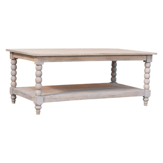 Side angle view of Loom Coffee Table Solid Mango Wood Turned Spindle Legs Lower Shelf Acid Wash