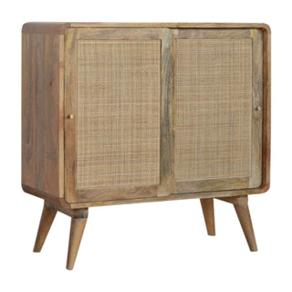 Side angle view of Loom Sideboard Cabinet Rattan Cane Sliding Doors Grey-Wash Square Compact