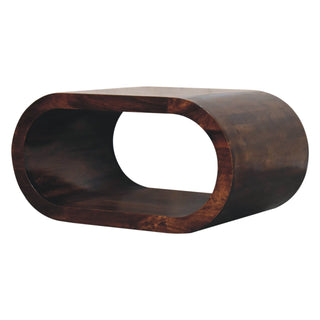 Side angle view of Loop Coffee Table Solid Mango Wood Open Oval Ring Floor Level California Walnut