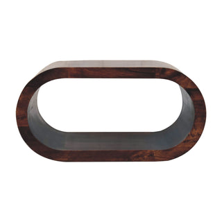 Front view of Loop Coffee Table Solid Mango Wood Open Oval Ring Floor Level California Walnut
