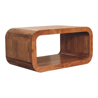 Side angle view of Loop Media Unit Caramel Solid Acacia Wood Open Tunnel Rectangle Body with Smooth Rounded Edges