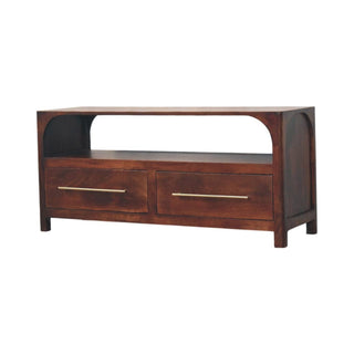 Side angle view of Lorne Media Unit Winewood Oak Arched Edges Brass Handle Drawers